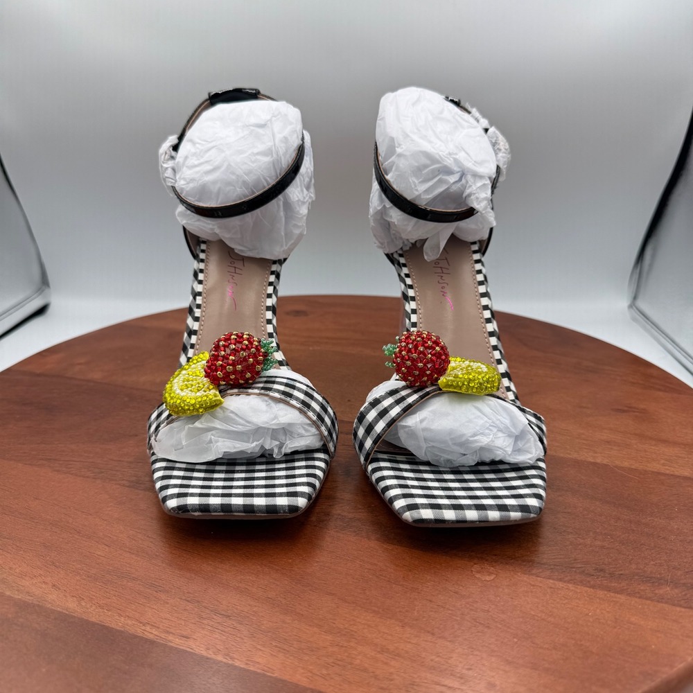Betsey‎ Johnson Harlen Gingham Fruit Beaded Clear Wedge Sandals Black White 7.5 - Picture 7 of 14